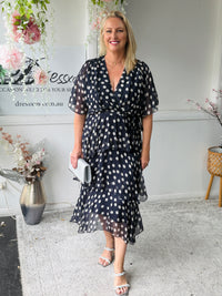 Clara Navy Polkadot Silk Dress