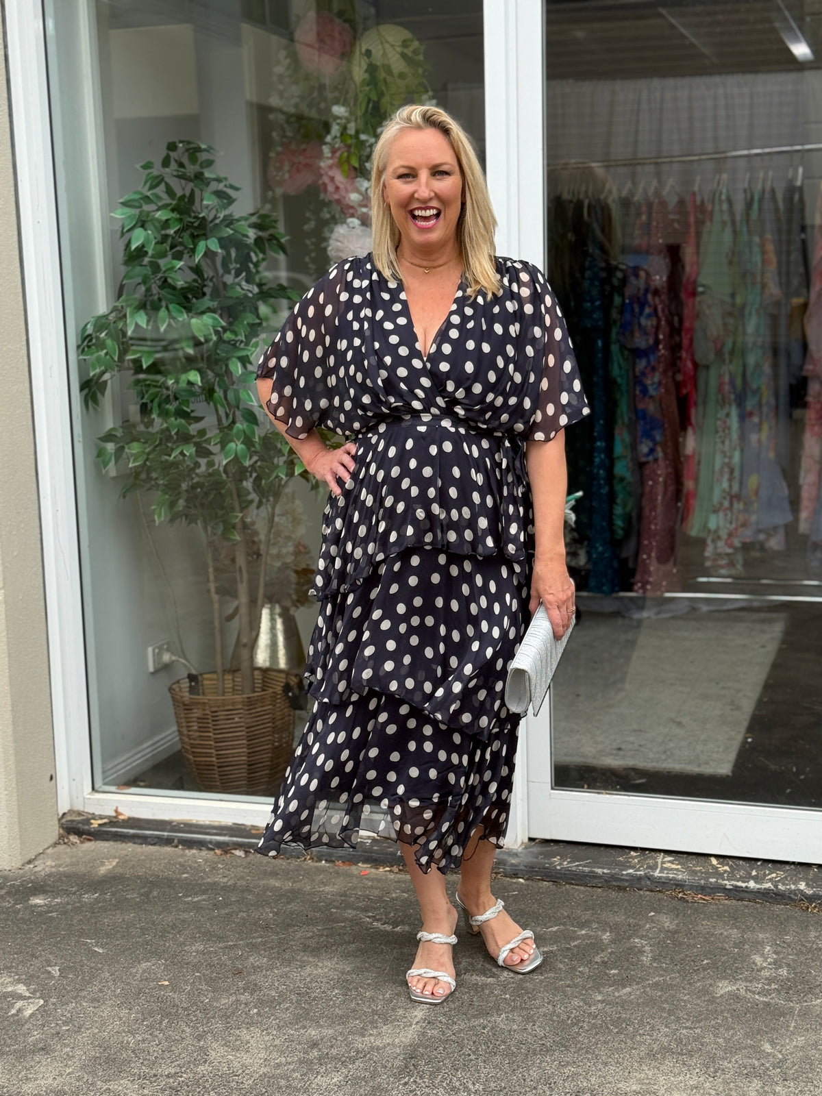 Clara Navy Polkadot Silk Dress