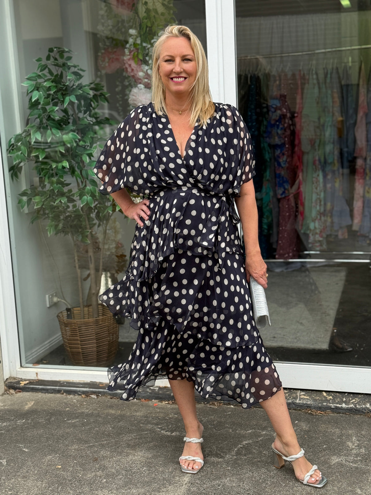 Clara Navy Polkadot Silk Dress