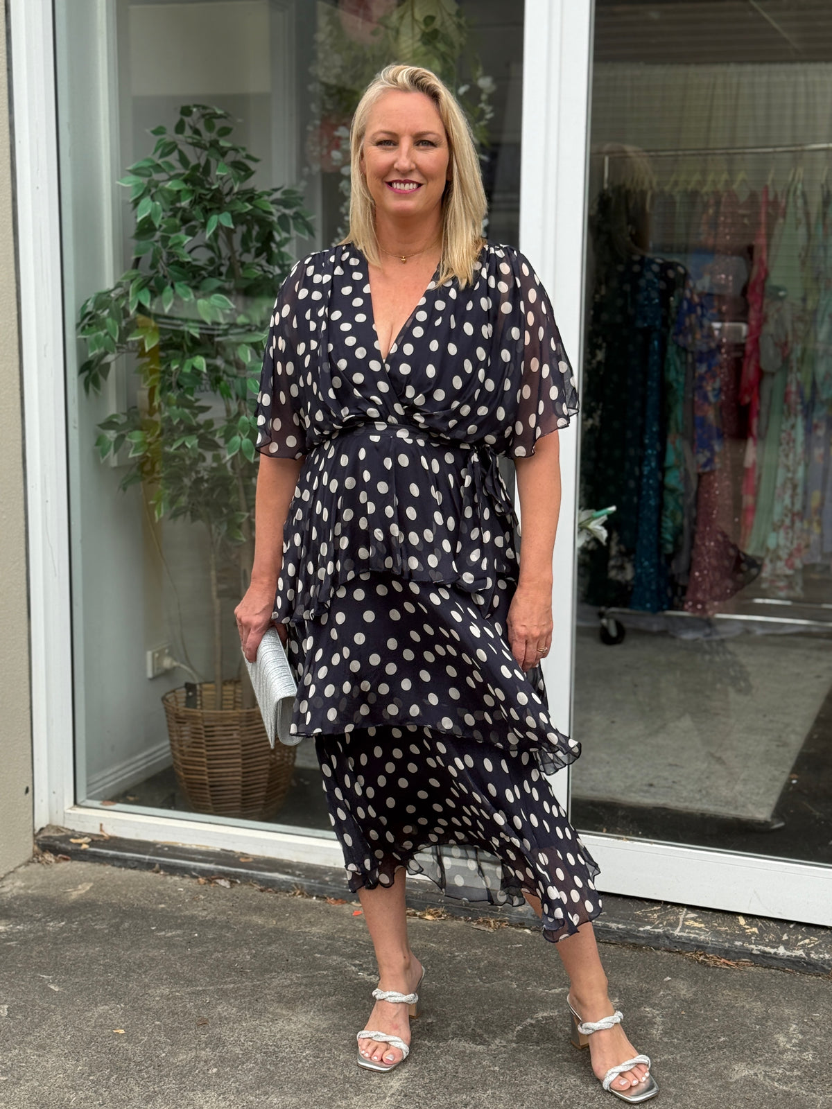 Clara Navy Polkadot Silk Dress