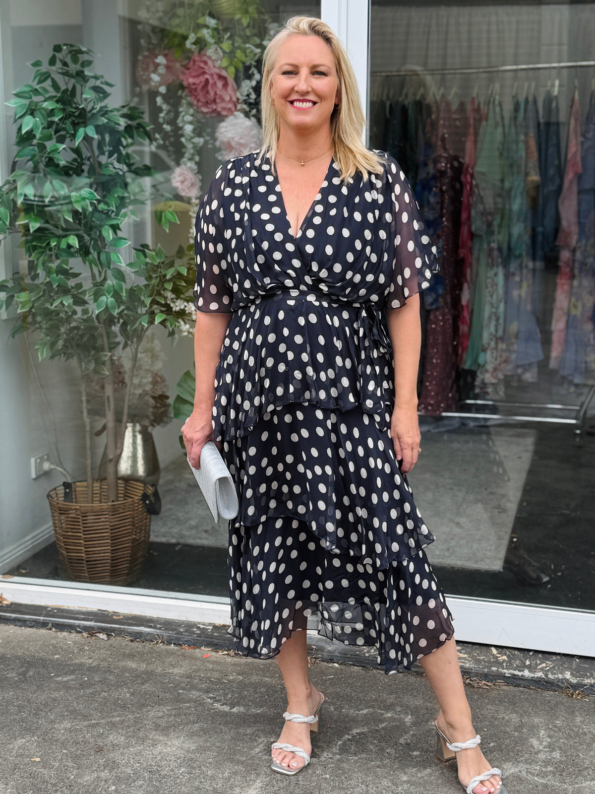 Clara Navy Polkadot Silk Dress