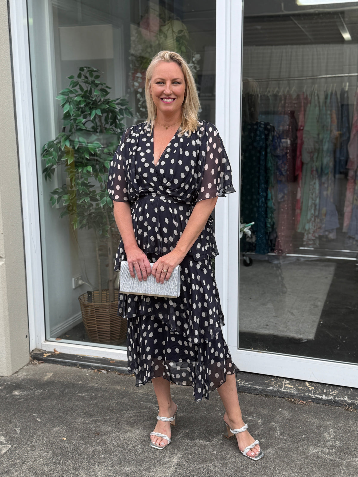 Clara Navy Polkadot Silk Dress