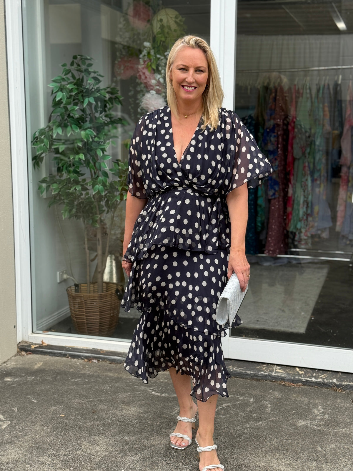 Clara Navy Polkadot Silk Dress
