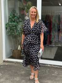Clara Navy Polkadot Silk Dress