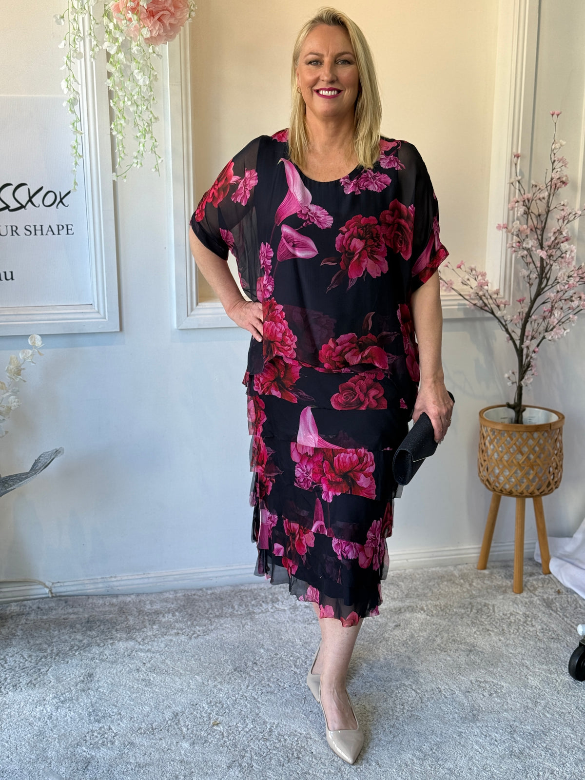 Clyde Fire Floral Navy Silk Dress