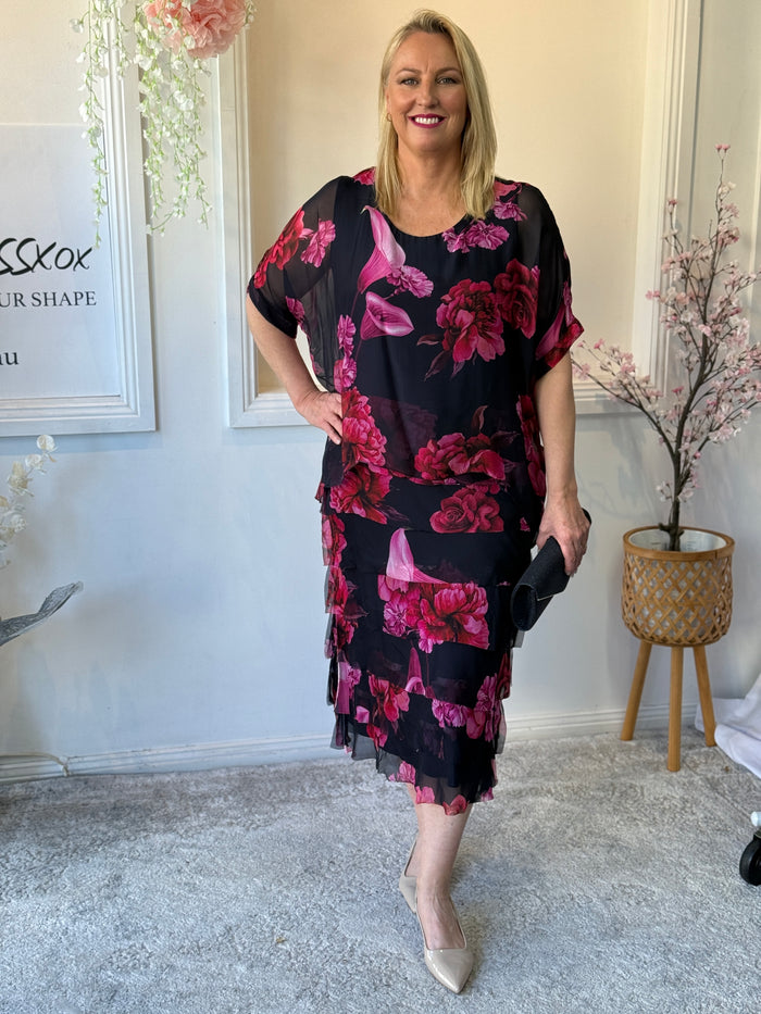 Clyde Fire Floral Navy Silk Dress