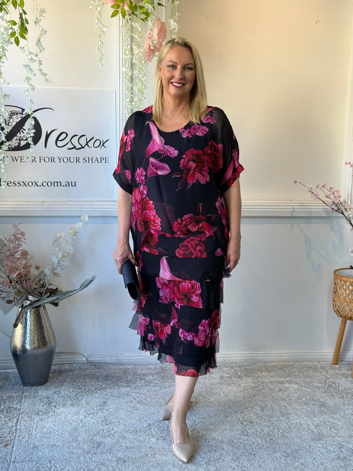Clyde Fire Floral Navy Silk Dress