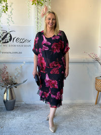 Clyde Fire Floral Navy Silk Dress