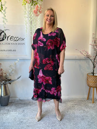 Clyde Fire Floral Navy Silk Dress