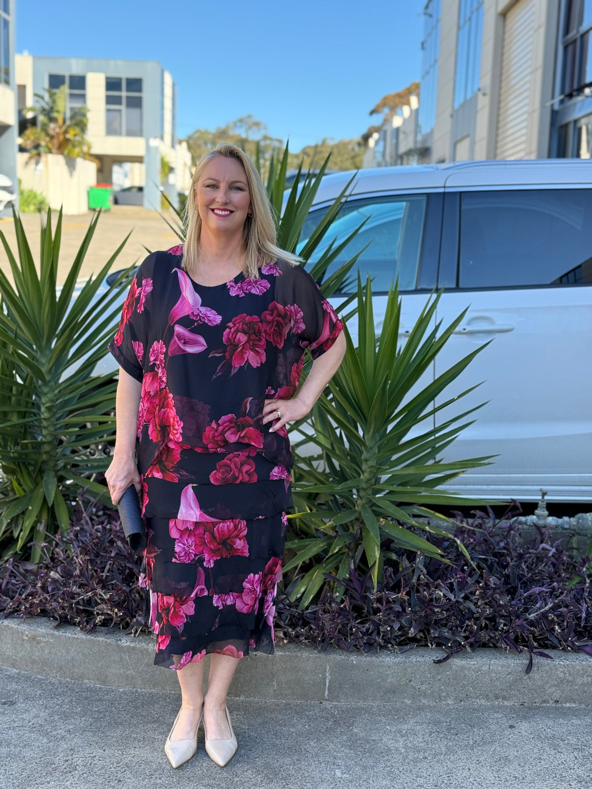 Clyde Fire Floral Navy Silk Dress