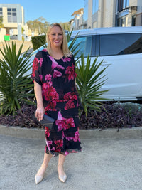 Clyde Fire Floral Navy Silk Dress