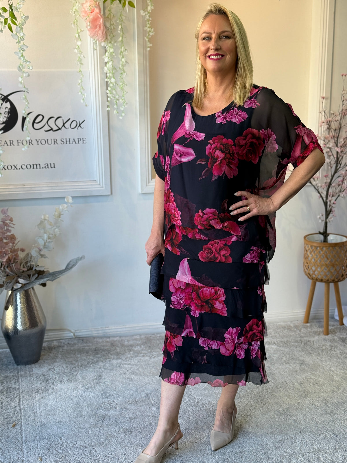 Clyde Fire Floral Navy Silk Dress