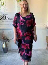 Clyde Fire Floral Navy Silk Dress
