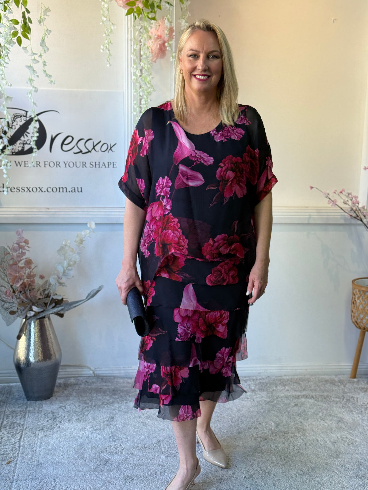 Clyde Fire Floral Navy Silk Dress
