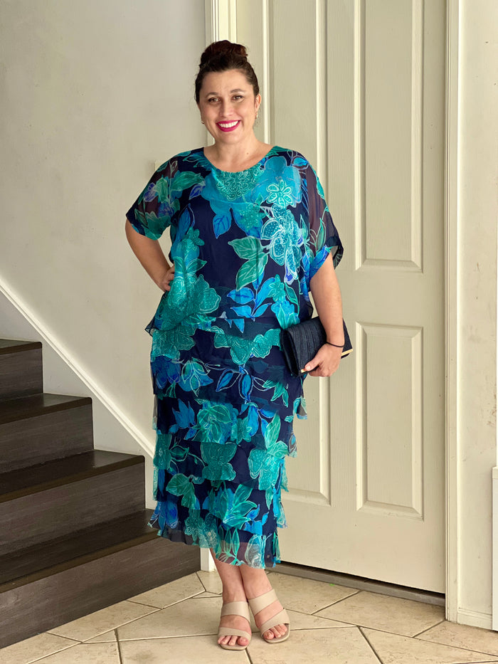 Clyde Teal Blossom Silk Dress