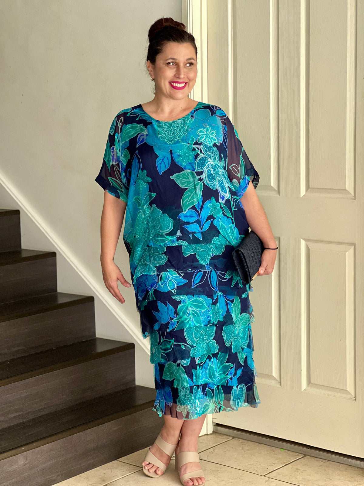 Clyde Teal Blossom Silk Dress