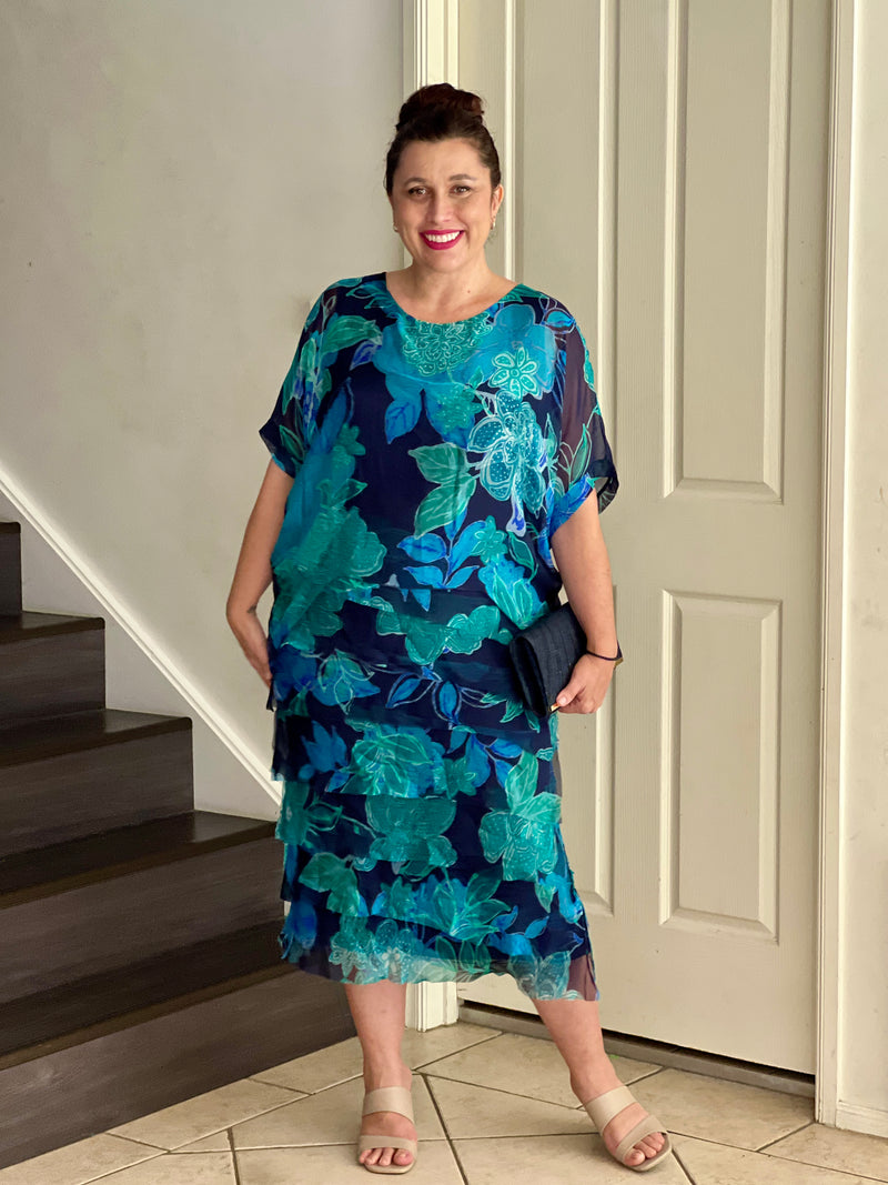 Clyde Teal Blossom Silk Dress