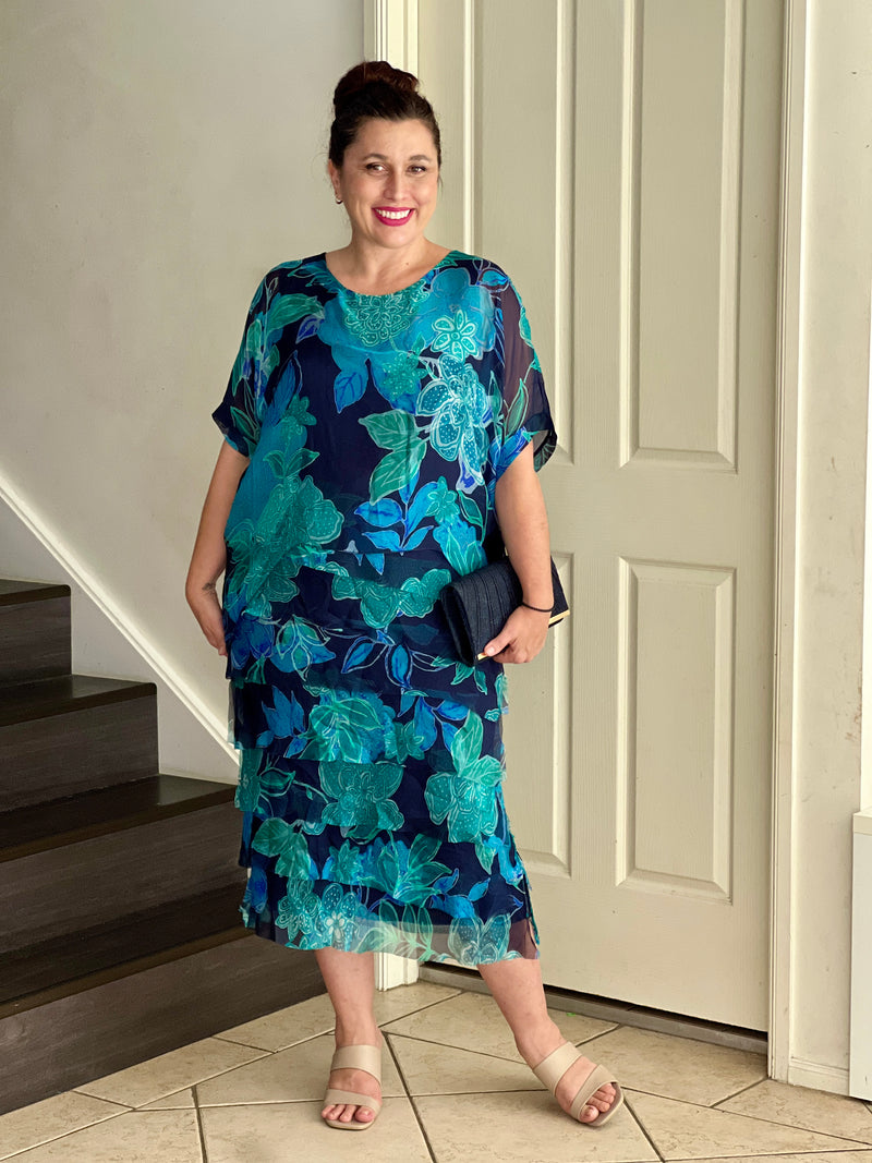 Clyde Teal Blossom Silk Dress