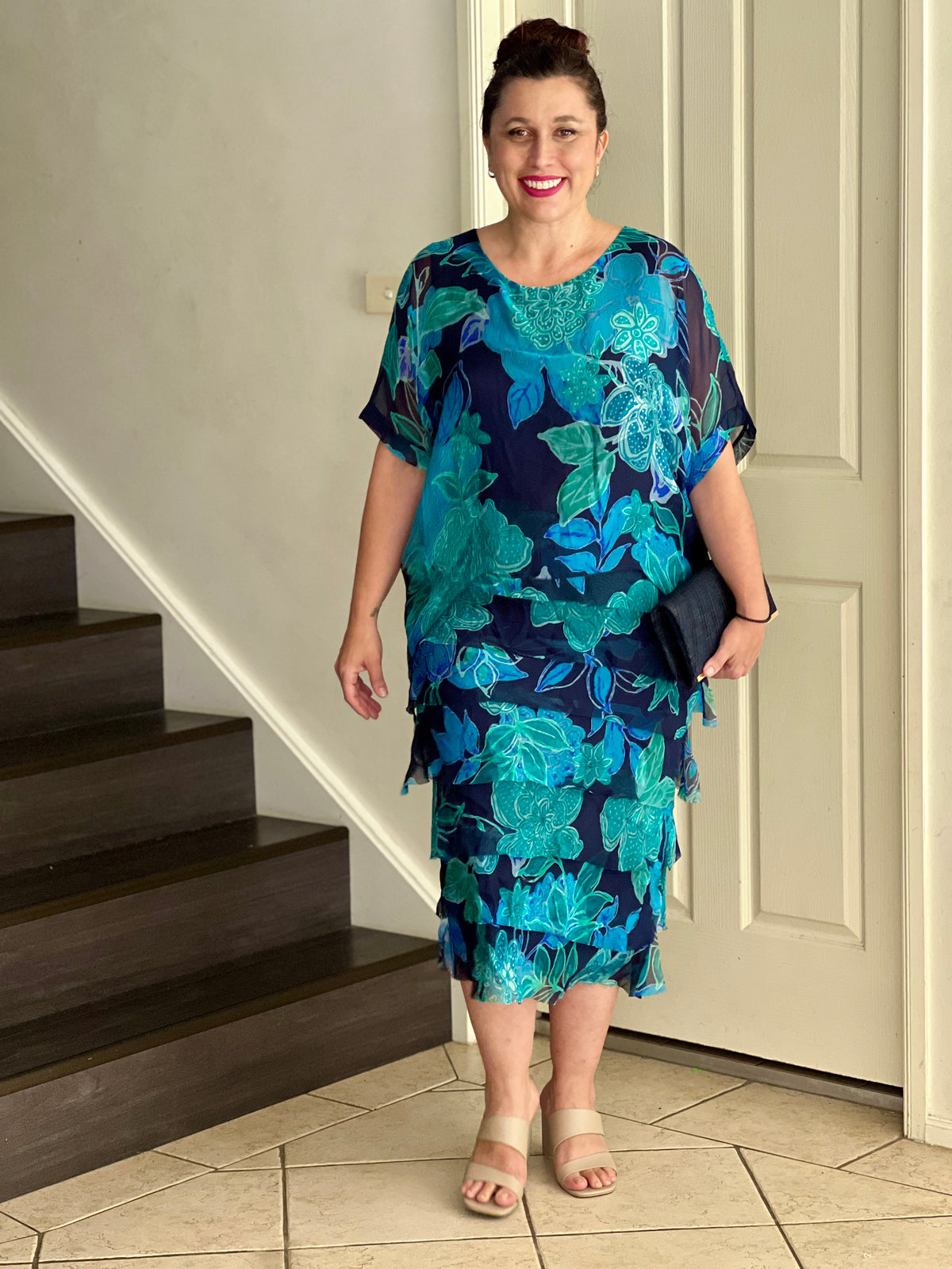 Clyde Teal Blossom Silk Dress