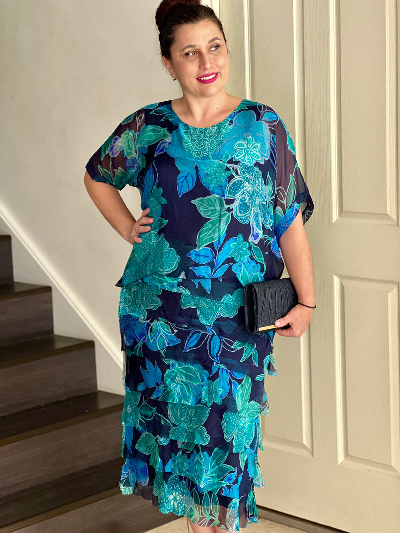 Clyde Teal Blossom Silk Dress