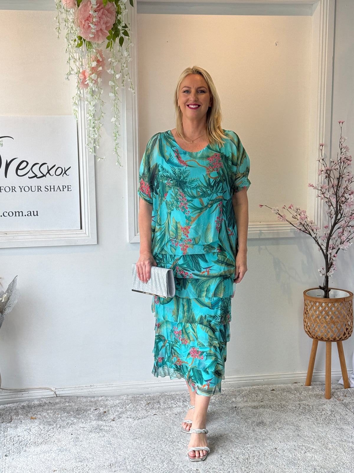 Clyde Tropical Aqua Silk Dress