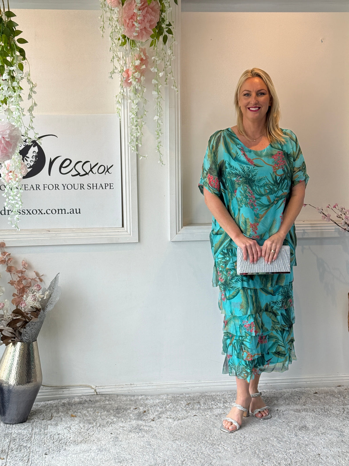 Clyde Tropical Aqua Silk Dress