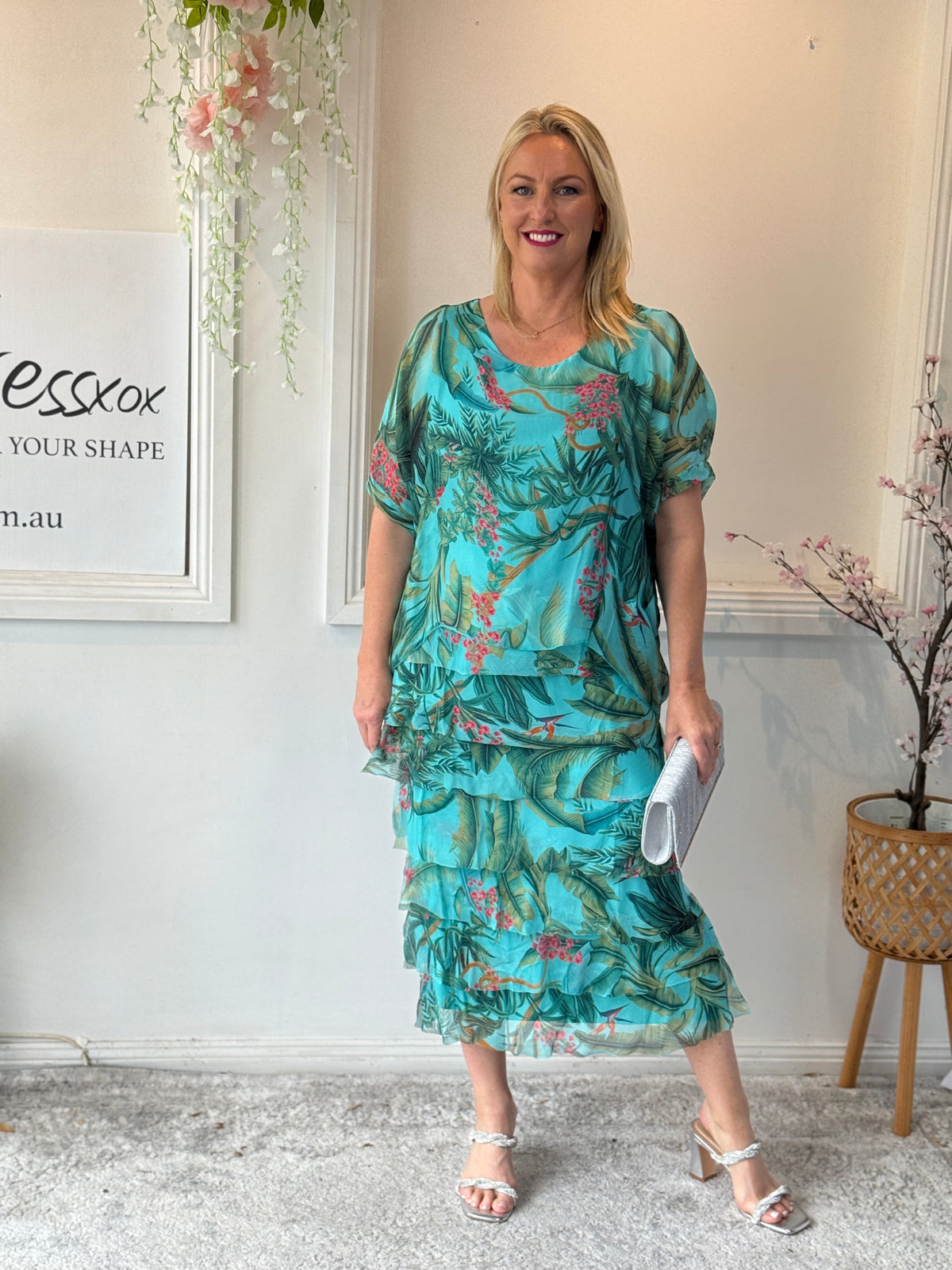 Clyde Tropical Aqua Silk Dress