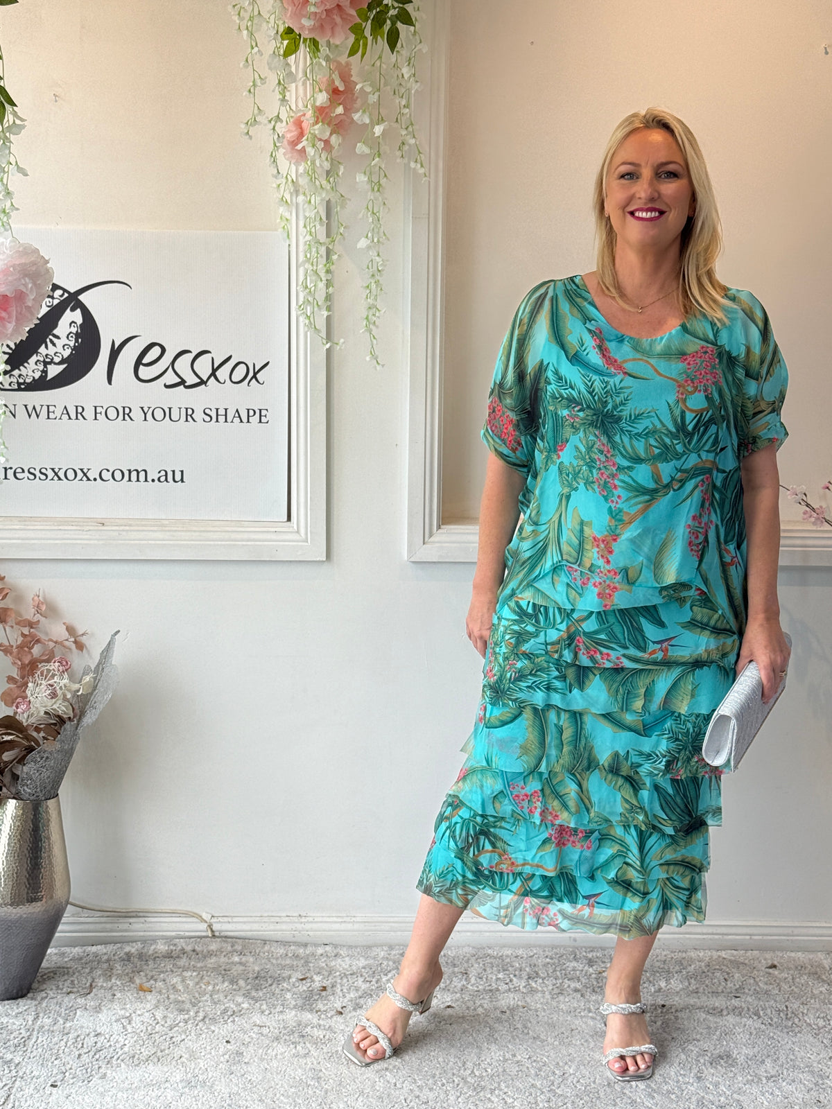 Clyde Tropical Aqua Silk Dress