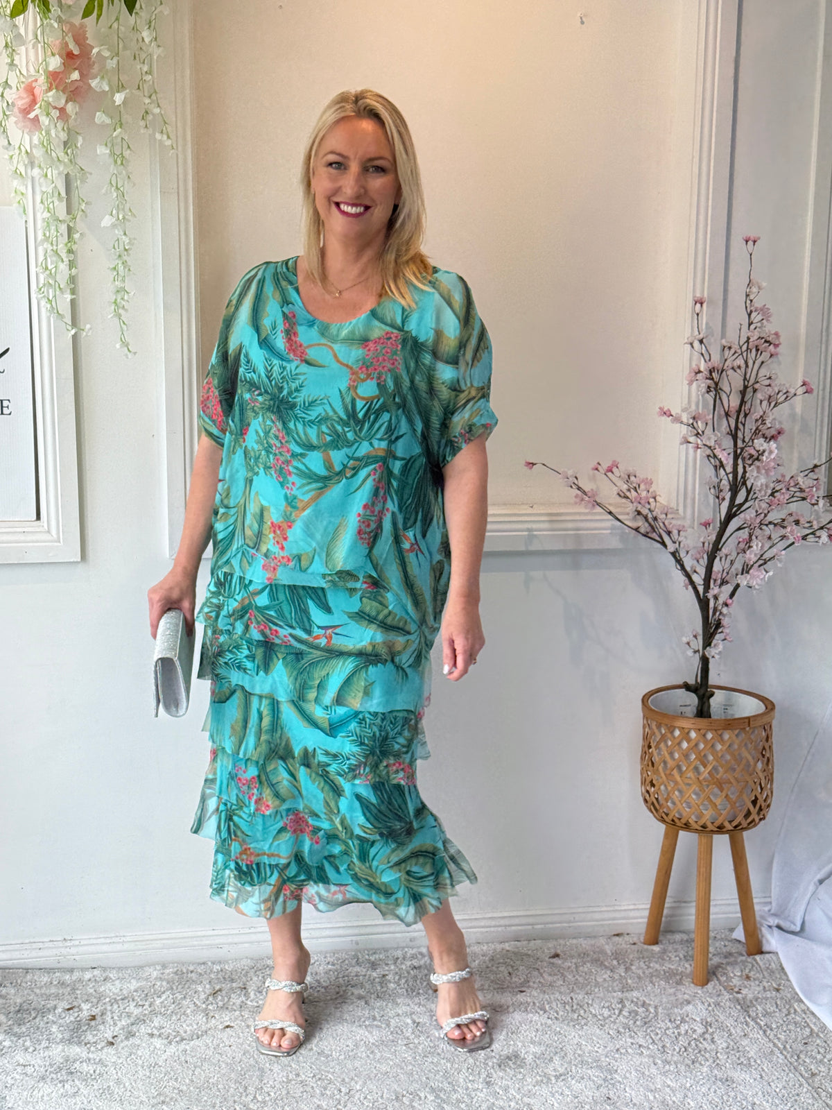 Clyde Tropical Aqua Silk Dress