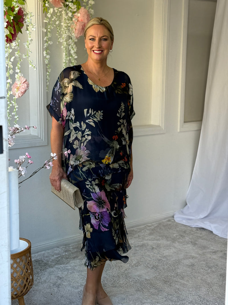 Clyde Navy Bird Silk Dress