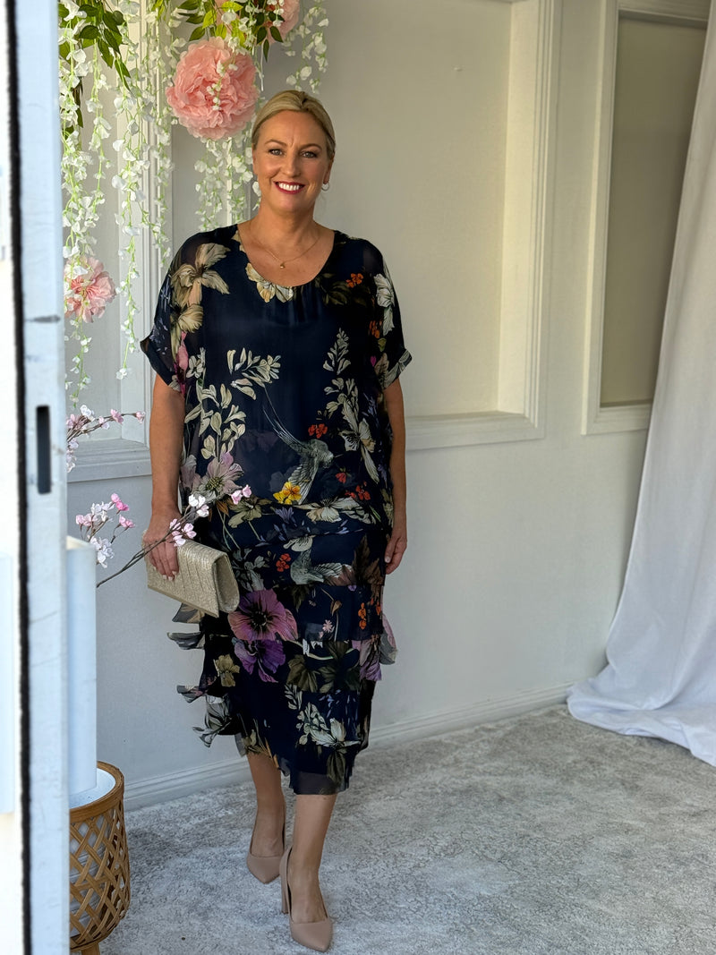 Clyde Navy Bird Silk Dress