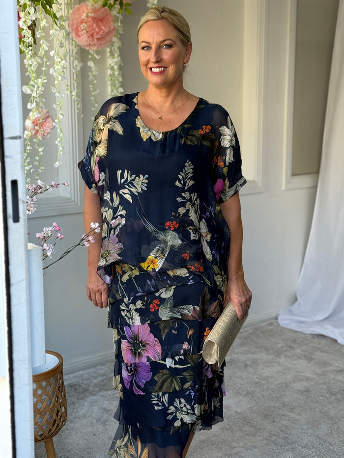 Clyde Navy Bird Silk Dress