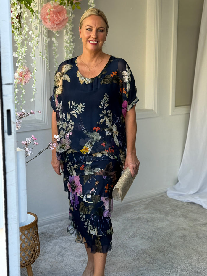 Clyde Navy Bird Silk Dress