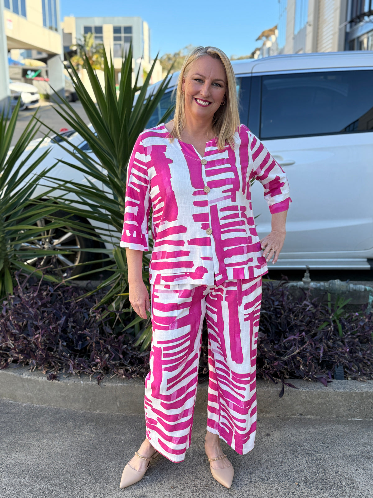 Darga Pink Geometrics Linen Top