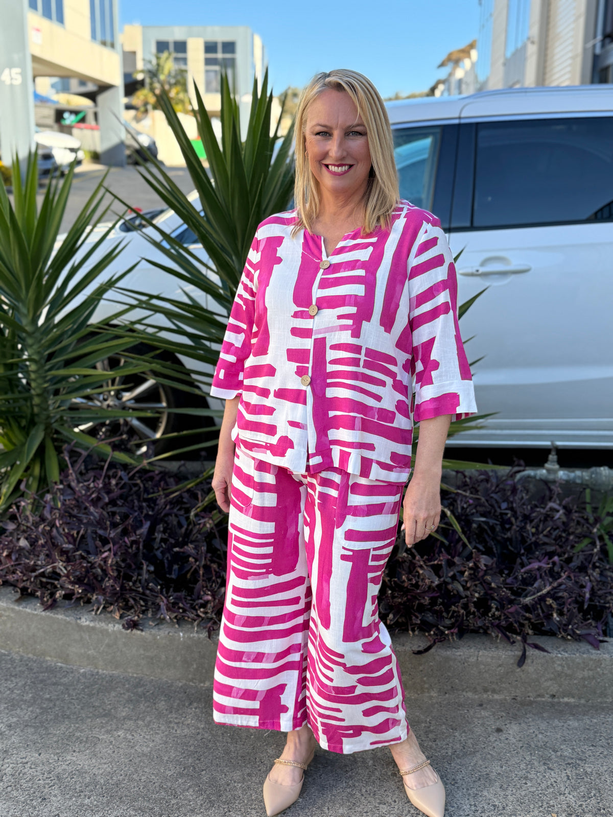 Darga Pink Geometrics Linen Top