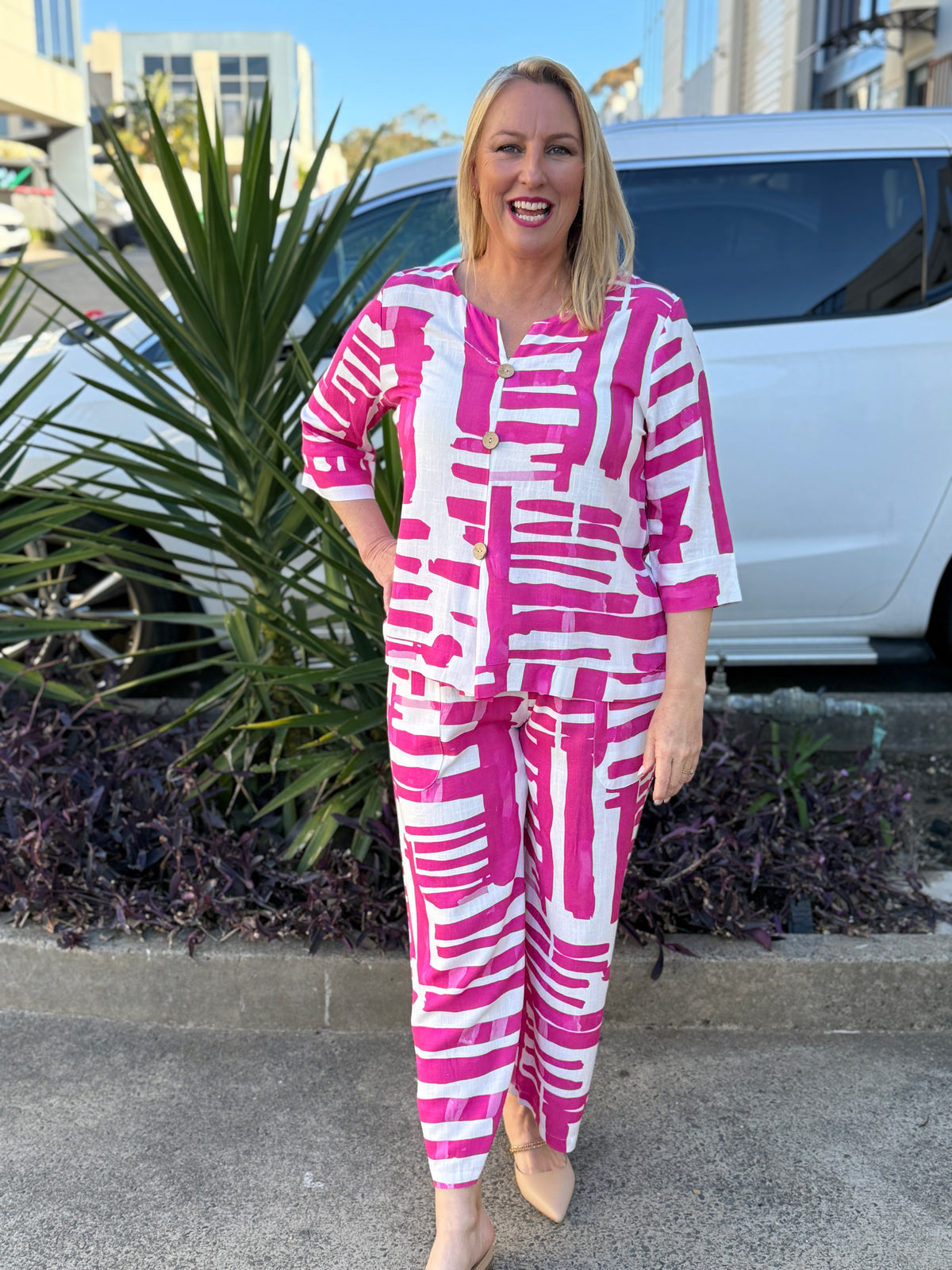 Darga Pink Geometrics Linen Top