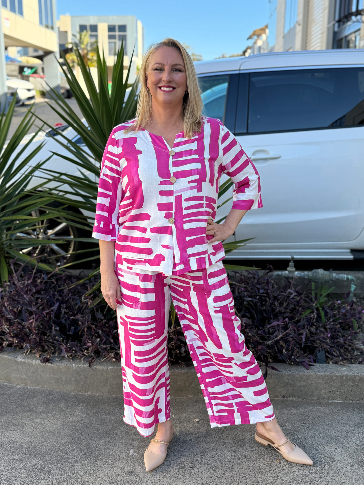 Niylah Pink Geometrics Linen Pants