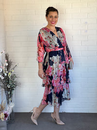 Desaily Navy Blossom Silk Dress