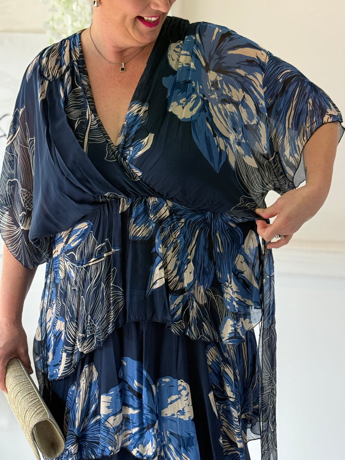 Emily Navy Floral Silk Dress