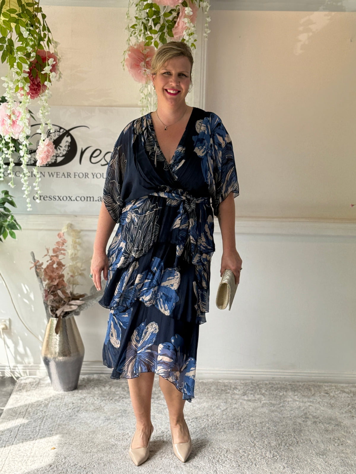 Emily Navy Floral Silk Dress