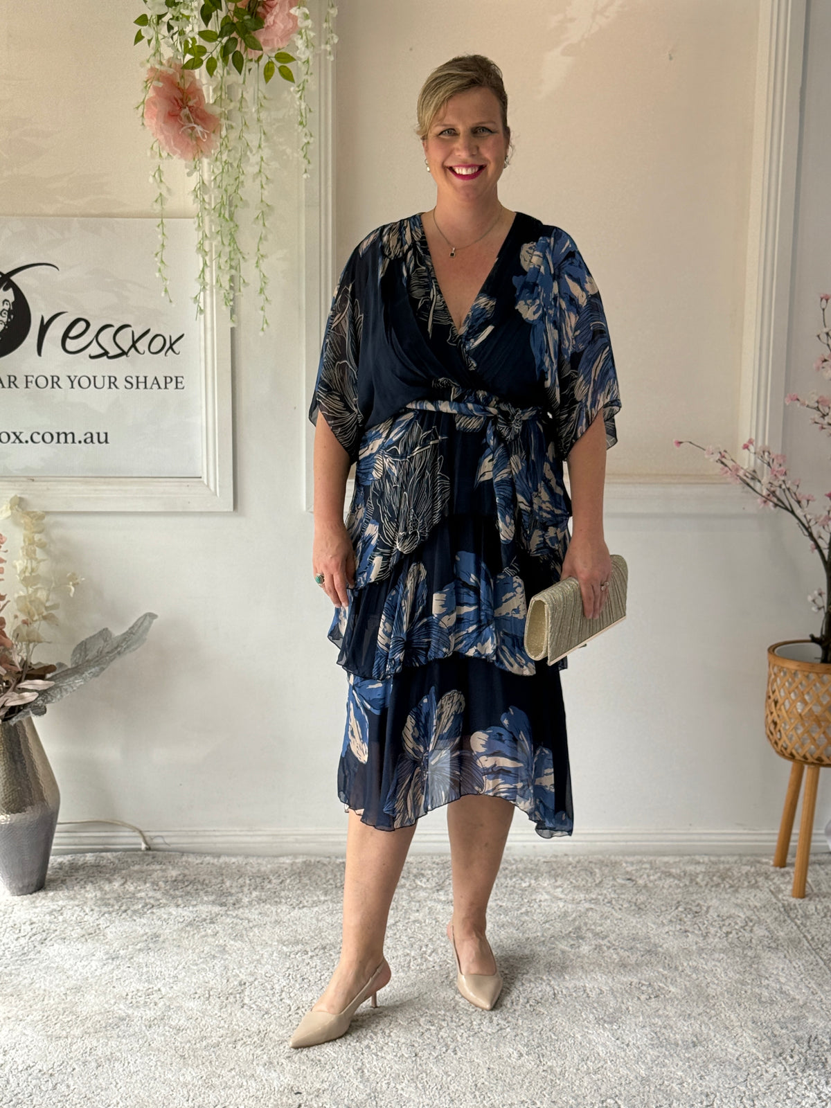 Emily Navy Floral Silk Dress