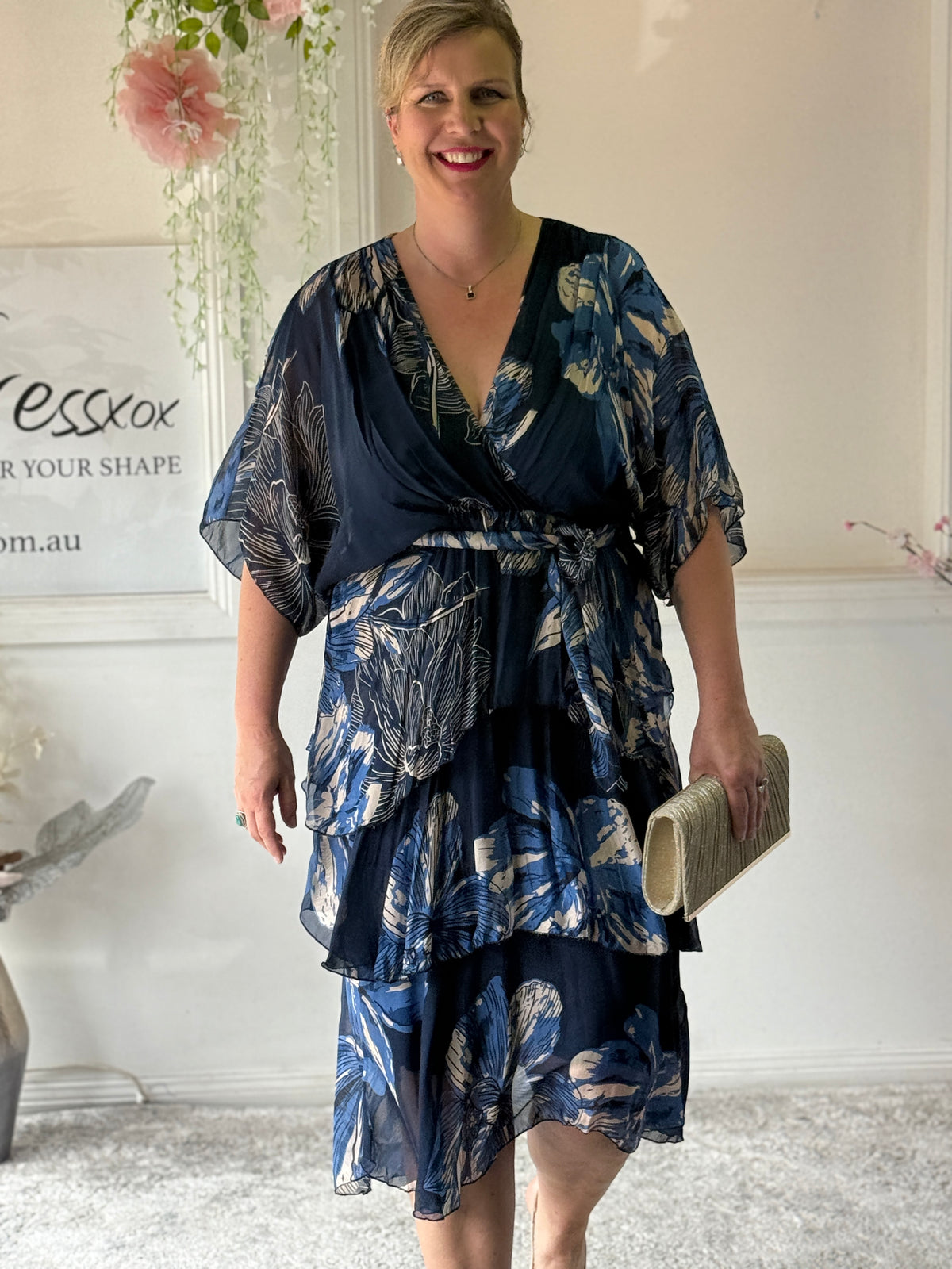 Emily Navy Floral Silk Dress