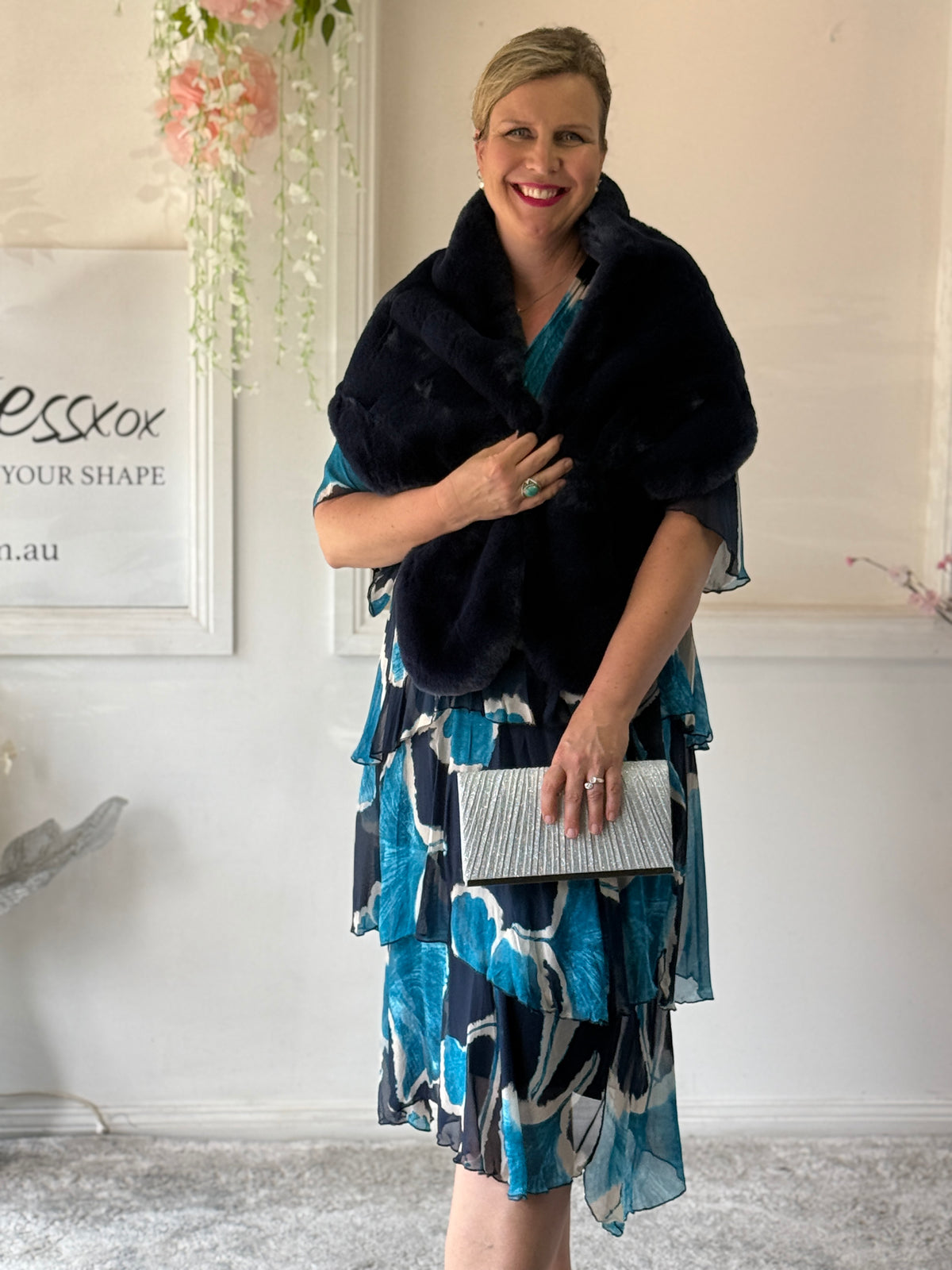 Emily Teal Abstract Silk Dress