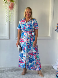 Eva Blue Tropical Shirt Dress