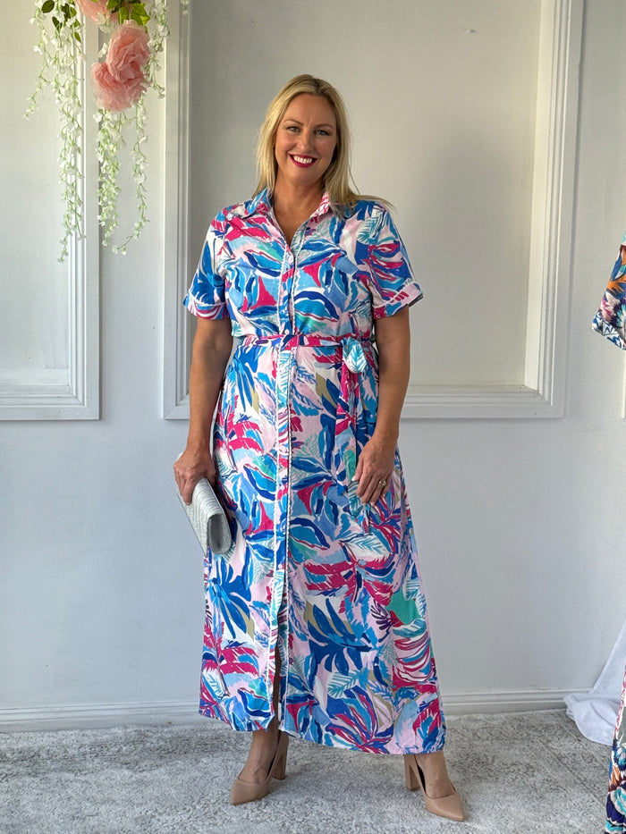 Eva Blue Tropical Shirt Dress