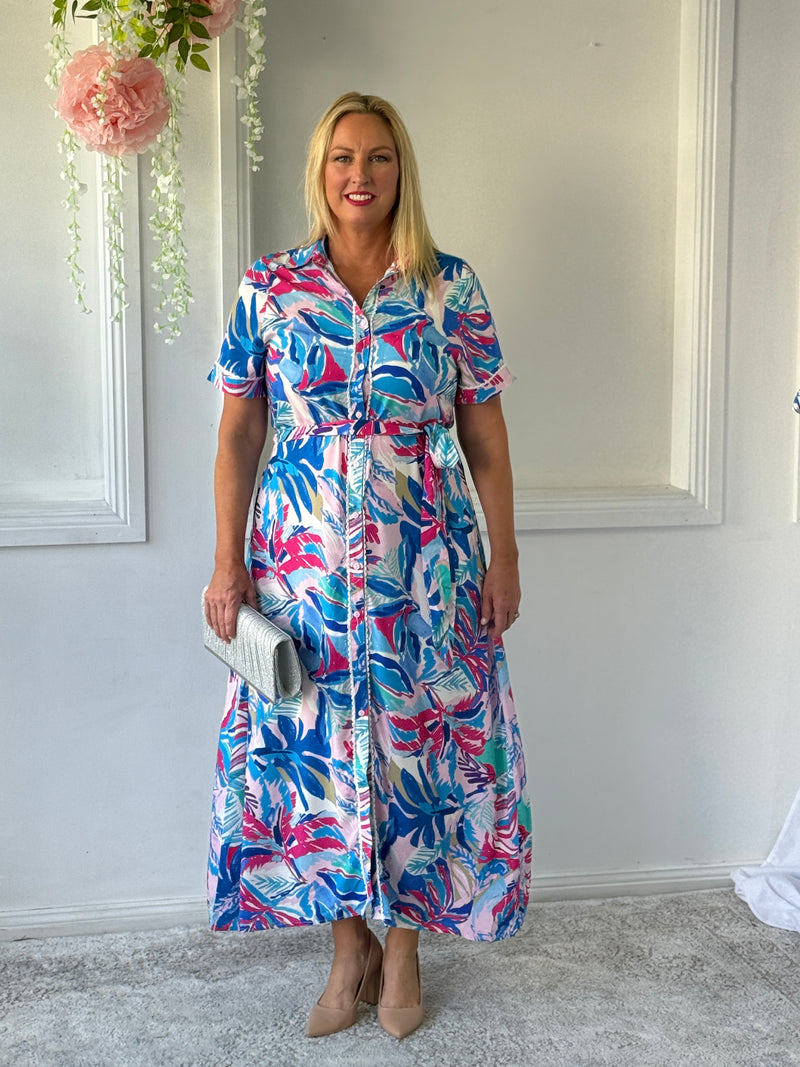 Eva Blue Tropical Shirt Dress