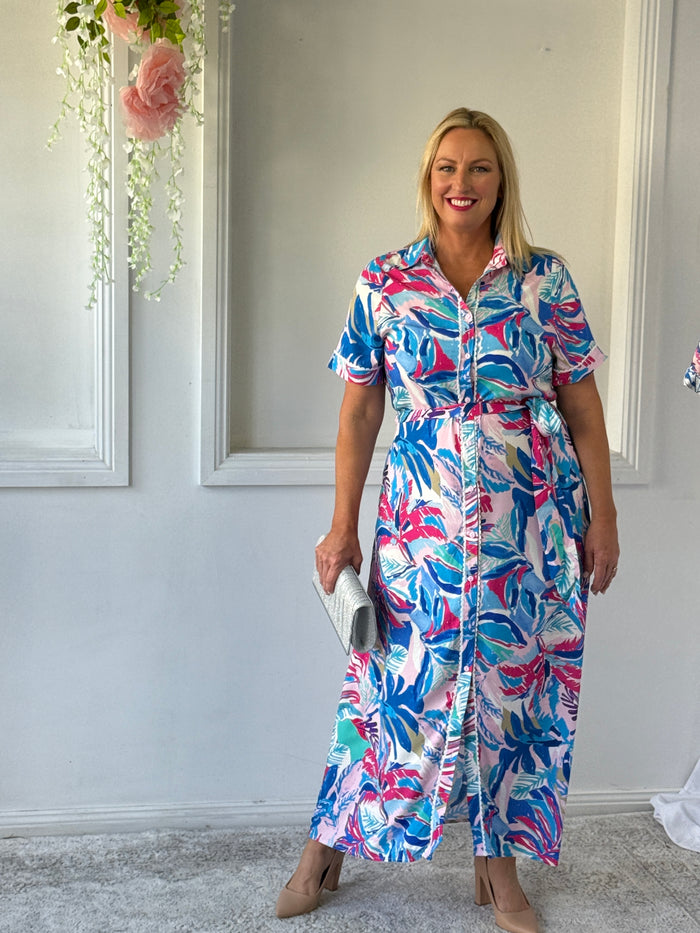 Eva Blue Tropical Shirt Dress