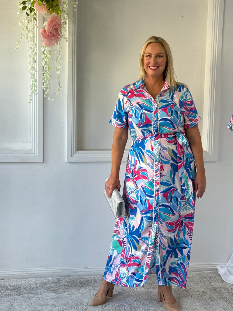 Eva Blue Tropical Shirt Dress
