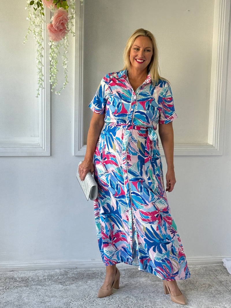 Eva Blue Tropical Shirt Dress