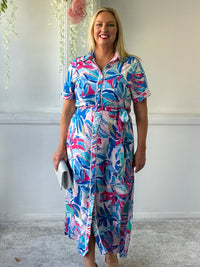 Eva Blue Tropical Shirt Dress
